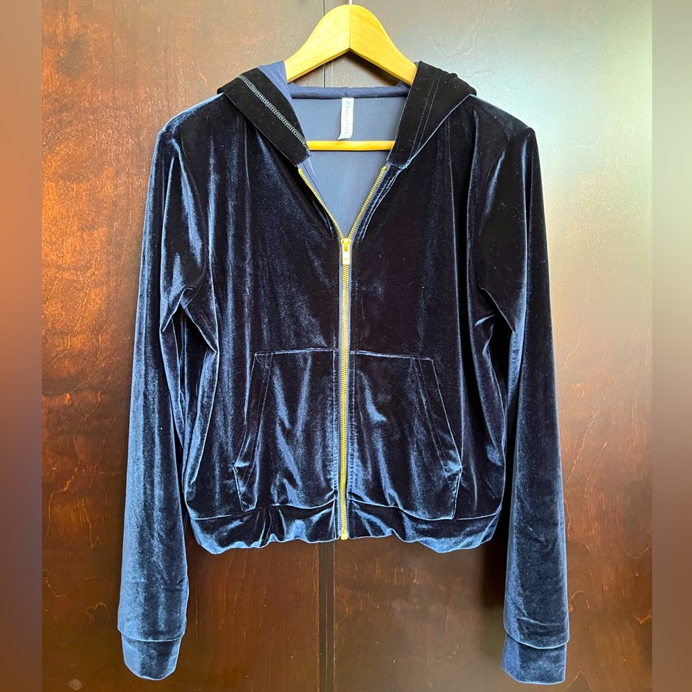 Fabletics Velour Deep Navy Gold Zipper Hoodie Size S
